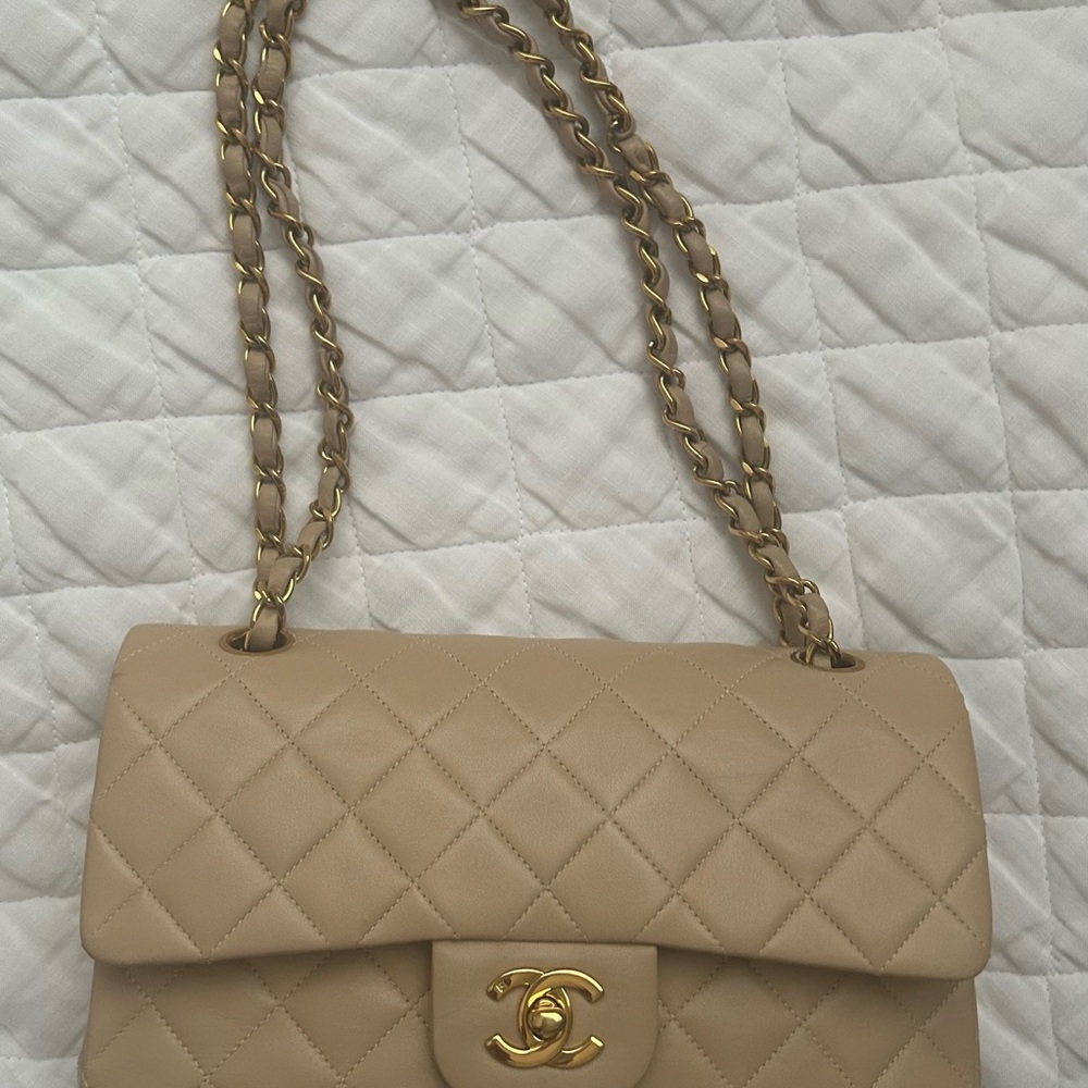 Beige Quilted Leather Shoulder Bag with Chain Strap